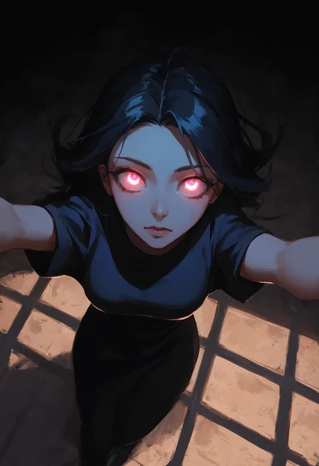 score_9, score_8_up, score_7_up, rating_safe, 1girl, glowing eye, from above, looking up, shadows,  outstretched hand,  <lora:ra1ncloudstyle:1>
