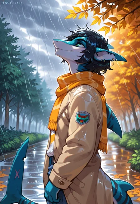 masterpiece, best quality, amazing quality,,(detailed background:1.5),(detailed everything:1) 1boy,furry male, lunarsunill, anthro shark,dark blue skin, stripes on the body, short hair,lush hair,black hair, green eyes, shark tail, ear piercing, BREAK, dynamic light, dynamic shadows, detailed background, depth of field, intricate details, autumn, forest, yellow and orange trees, havy clouds, (rain:1.4), wet hair, shirt, coat, jeans, scarf , natural relaxed pose, [smirk], (looking up:1.3), (medium close-up shot:1.3)