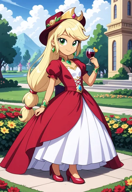 score_9, score_8_up, score_7_up, score_6_up, source_cartoon, rating_safe, My Little Pony Equestria Girls, very young little girl Applejack wearing a fit green|brown|darkpurple|wine|red gradients colors short princess dress, elegant detailed princess shoes, solo, 1girl, little princess girl, gradient golden blond hair with crown hairband, smile, childhood, looking at viewer, glow detailed eyes, garden of canterlot, tul, chiffon, laces, semi realistic cartoon, unreal engine 5, full body close-up, absurdres, digital art, soft light, perfect hands, perfect, hands, perfection, soft orange skin, green eyes, apples accesories and shoes, jewelery, tres chic,<lora:age_slider_v4:-4>,