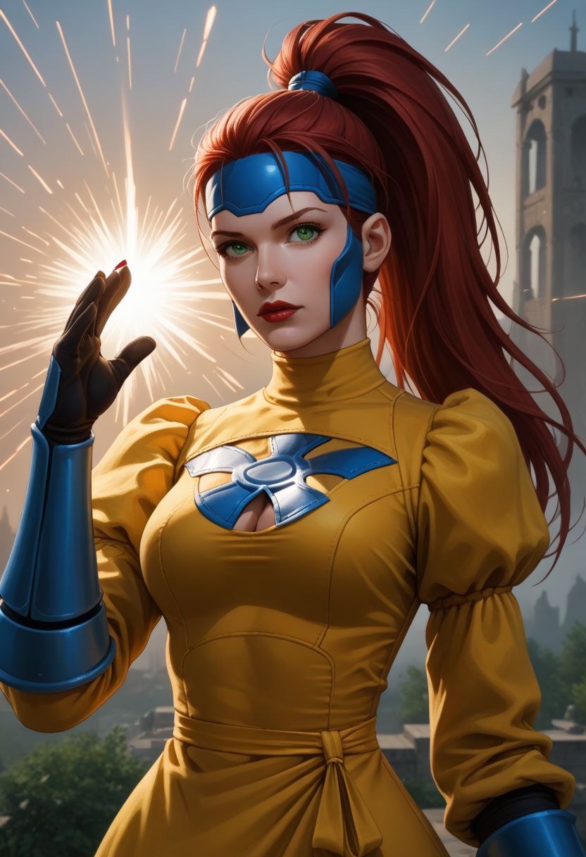 end_jngr3y, 1girl, solo, long hair, looking at viewer, green eyes, upper body, red hair, lips, dress , red nails, emphasis lines, red lips, outdoors, juliet sleeves, clothing cutout, gloves, cleavage cutout, covered eyes, long sleeves, feather-trimmed sleeves, puffy sleeves, yellow dress, blue pauldrons, headband,long hair, high ponytail,  phoenix symbol, blue armor,  BREAK PonyXLV6_Scores