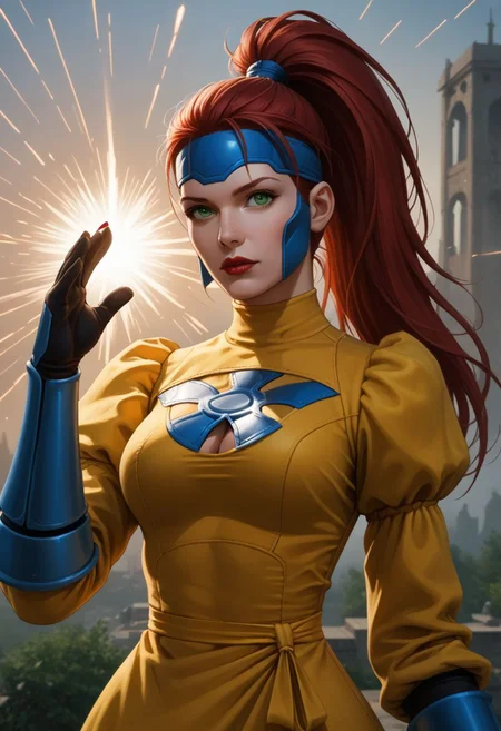 end_jngr3y, 1girl, solo, long hair, looking at viewer, green eyes, upper body, red hair, lips, dress , red nails, emphasis lines, red lips, outdoors, juliet sleeves, clothing cutout, gloves, cleavage cutout, covered eyes, long sleeves, feather-trimmed sleeves, puffy sleeves, yellow dress, blue pauldrons, headband,long hair, high ponytail, phoenix symbol, blue armor, BREAK PonyXLV6_Scores