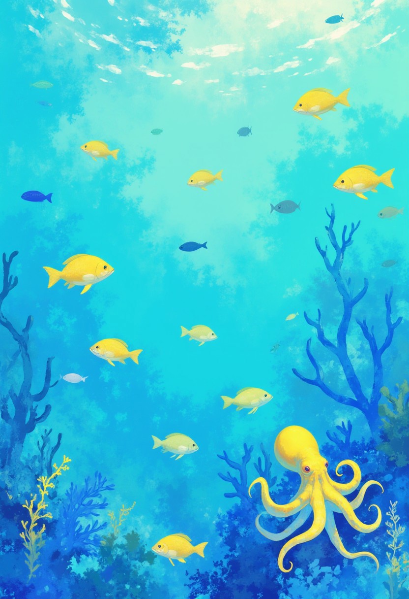 Azur blue ocean with fish and a yellow octopus, tranquil,soft pastel anime