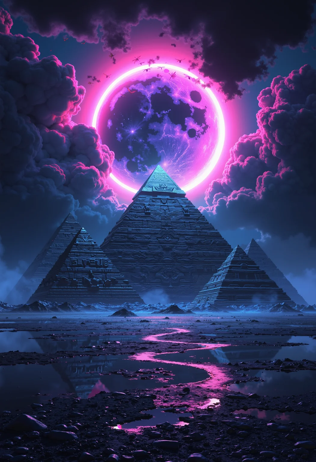 bo-neon, a digital artwork depicting a fantastical, ancient egyptian scene, the central focus is the great pyramid of giza, located at the center of the image, surrounded by three smaller pyramids, all of which are intricately carved with hieroglyphics, the pyramids are arranged in a triangular formation, with the largest pyramid at the bottom and the smallest at the top, the sky is filled with dark, stormy clouds, and a large, glowing, crescent moon is positioned above the other three, creating a dramatic, almost ethereal atmosphere, the moon's surface is smooth and reflective, reflecting light and creating a sense of depth, the ground is vast and barren, with no vegetation or other structures, enhancing the sense of vastness and mystery, the overall color palette is dominated by dark grays and whites, with subtle highlights and shadows that enhance the ethereal quality of the scene, highly detailed, with a focus on texture and depth, giving the image a realistic yet fantastical feel, high quality, ultra detailed, colorful, abstract, dark neon fantasy.<lora:Flux\boFLUX Neon Abyss.safetensors:1.0:1.0>