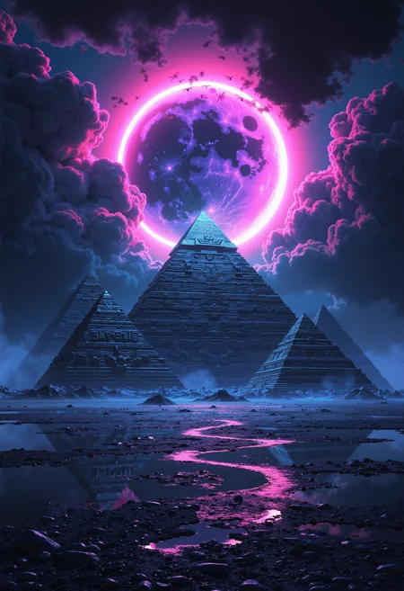 bo-neon, a digital artwork depicting a fantastical, ancient egyptian scene, the central focus is the great pyramid of giza, located at the center of the image, surrounded by three smaller pyramids, all of which are intricately carved with hieroglyphics, the pyramids are arranged in a triangular formation, with the largest pyramid at the bottom and the smallest at the top, the sky is filled with dark, stormy clouds, and a large, glowing, crescent moon is positioned above the other three, creating a dramatic, almost ethereal atmosphere, the moon's surface is smooth and reflective, reflecting light and creating a sense of depth, the ground is vast and barren, with no vegetation or other structures, enhancing the sense of vastness and mystery, the overall color palette is dominated by dark grays and whites, with subtle highlights and shadows that enhance the ethereal quality of the scene, highly detailed, with a focus on texture and depth, giving the image a realistic yet fantastical feel, high quality, ultra detailed, colorful, abstract, dark neon fantasy.<lora:Flux\boFLUX Neon Abyss.safetensors:1.0:1.0>