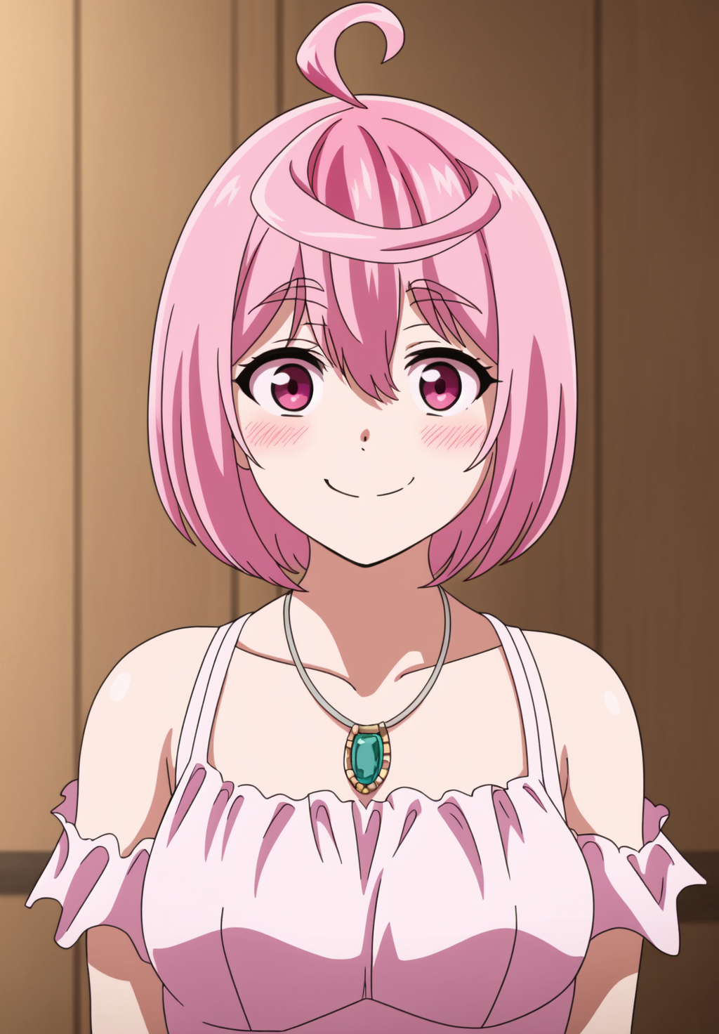<lora:alural:0.8>, alural, 1girl, solo, looking at viewer, blush, smile, short hair, dress, jewelry, closed mouth, collarbone, upper body, pink hair, pink eyes, necklace, white dress