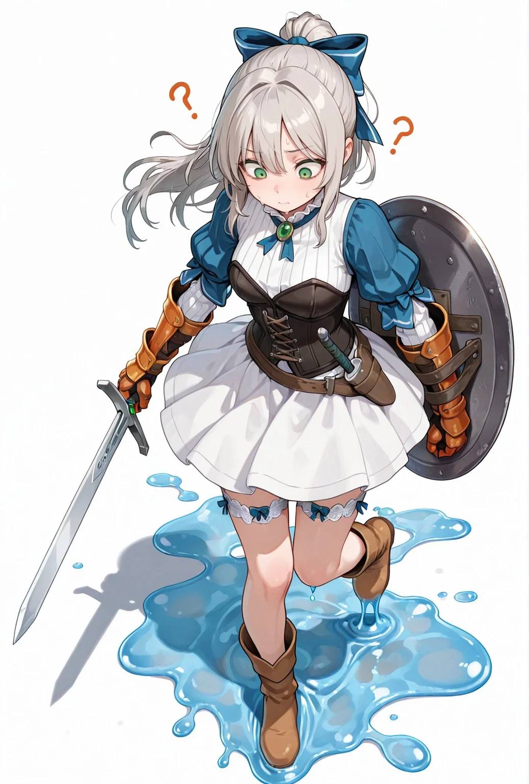 masterpiece, best quality, amazing quality, 1girl, perfect face, solo, Green eyes, grey hair, ponytail, long hair, blue bows, blue shoulder-sleeves, black corset, white skirt, white collar, green gem, ribbed undershirt, orange gauntlets, garters, light brown boots, Parasite-slime, blue slime, slime-puddle, slime-strands_thick, slime on foot, stepping on slime, standing on one leg, pre-corruption, from above, looking down, confused, arms by sides, holding sword, holding shield, white background <lora:SC_V4_0_IL_Final:0.7>