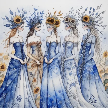<lora:Blue_Watercolor_DreamscapeSDXL:1> ArsMJStyle,Blue Watercolor Dreamscape, four women representing the seasons, each dressed in richly detailed garments. They stand intertwined with the natural elements of their seasons spring blossoms, summer sunflowers, autumn leaves, and winter snowflakes.