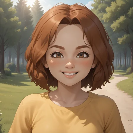 score_9, score_8, BREAK, solo, wii, mii, wii sports, female mii, 1girl, auburn hair, auburn eyebrows, brown eyes, blush, yellow clothing, white pants, shoes, nintendo mii, modern_mii, classic_mii, small breasts, Giulia_(Wii_Sports), cute, sexy pose, smile, outdoors, sunlight, shadows, evening lighting, natural lighting, forest, trees, grass, orange sky, sunset