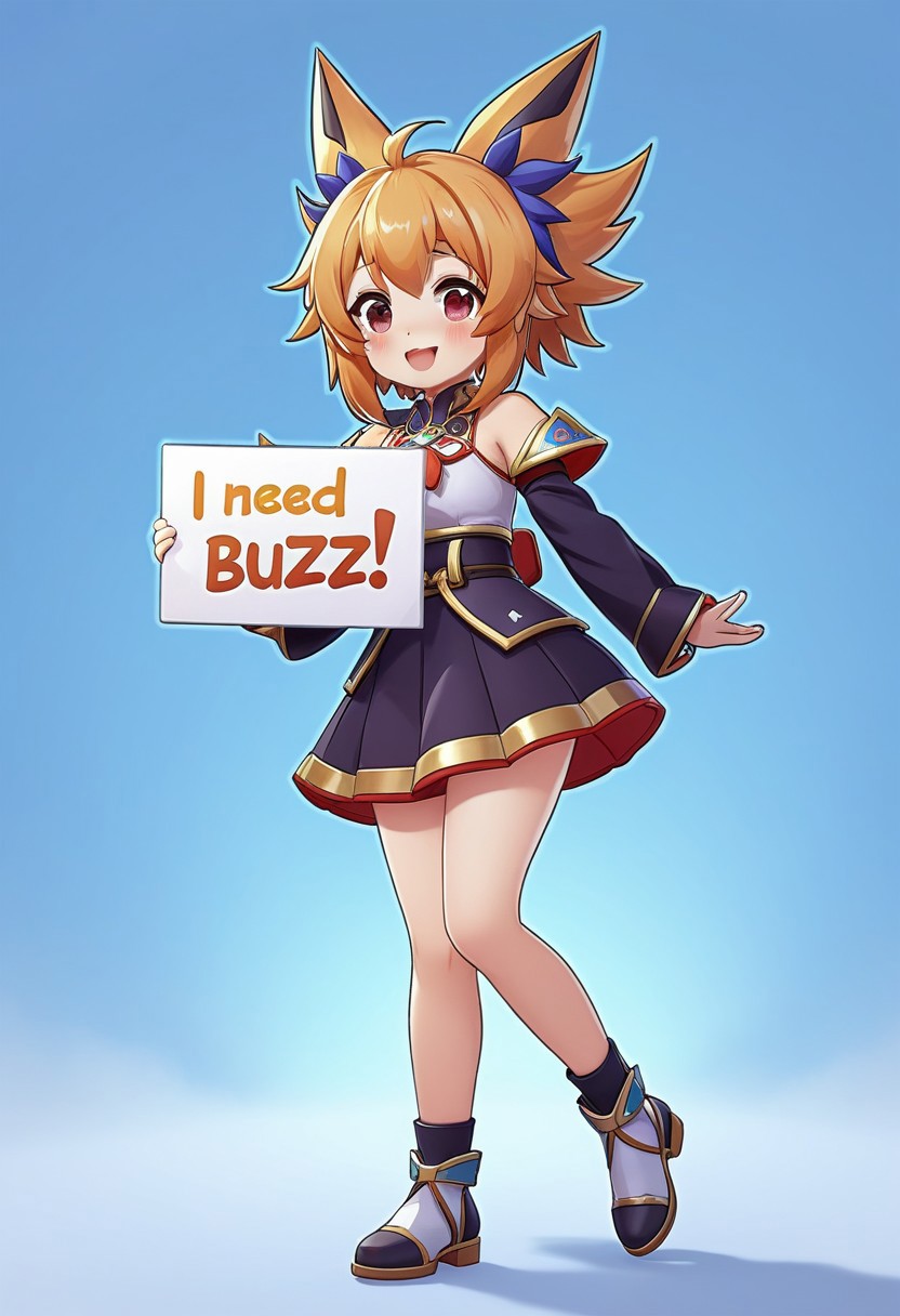 Klee_(Genshin_Impact) holding a sign that says "I need Buzz", cute pose, happy expression, full body, detailed anime style, soft lighting, vibrant colors, clean background, poster clearly visible, high detail, dynamic composition, fantasy outfit