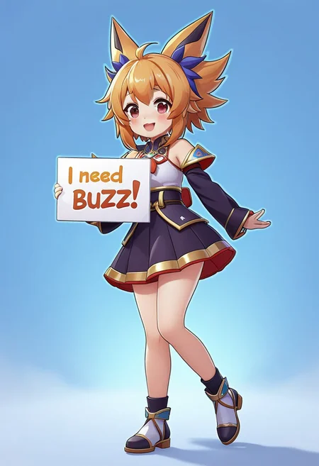 Klee_(Genshin_Impact) holding a sign that says "I need Buzz", cute pose, happy expression, full body, detailed anime style, soft lighting, vibrant colors, clean background, poster clearly visible, high detail, dynamic composition, fantasy outfit