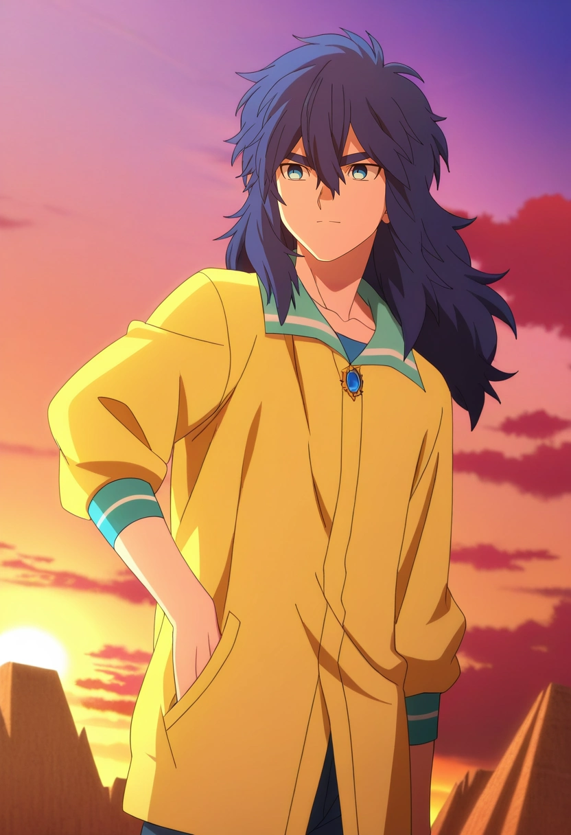 masterpiece, best quality, anime screencap, official style, anime coloring, cowboy shot, 1boy, solo, male focus, <lora:yui_kemono_jihen_ilxl:0.96>, yui_kemono_jihen, blue hair, blue eyes, long hair, hair between eyes, bangs, thick eyebrows, , cloud palace, rainbow halls, wind gardens, sky pools, royal pose, dignified expression, sunset,