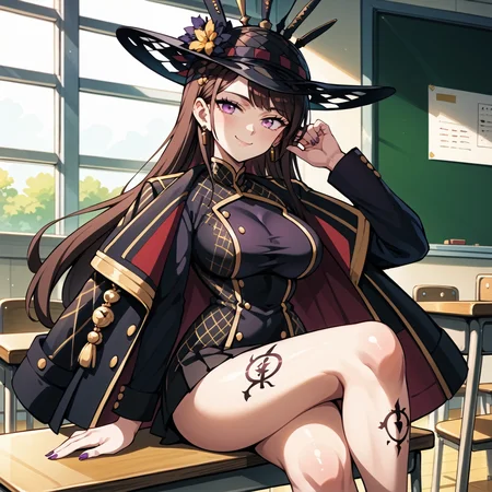 score_9, score_8_up, score_7_up, score_6_up, source_anime, 1girl, hat, long hair, brown hair, (purple eyes), large breasts, breasts, jacket, open jacket, dress, black dress, long sleeves, tattoo, leg tattoo, indoors, smug, classroom, desk, school desk, (portrait), detailed background, Hyperdetailed, Extreme Detail, 4K Resolution, Masterpiece, Best Quality <lora:Dorothea_Coyett_from_FateSamurai_Remnant_for_Pony_by_RealmRabbit-000009:1> <lora:komatsuzakirui-PDXL-v2:1>