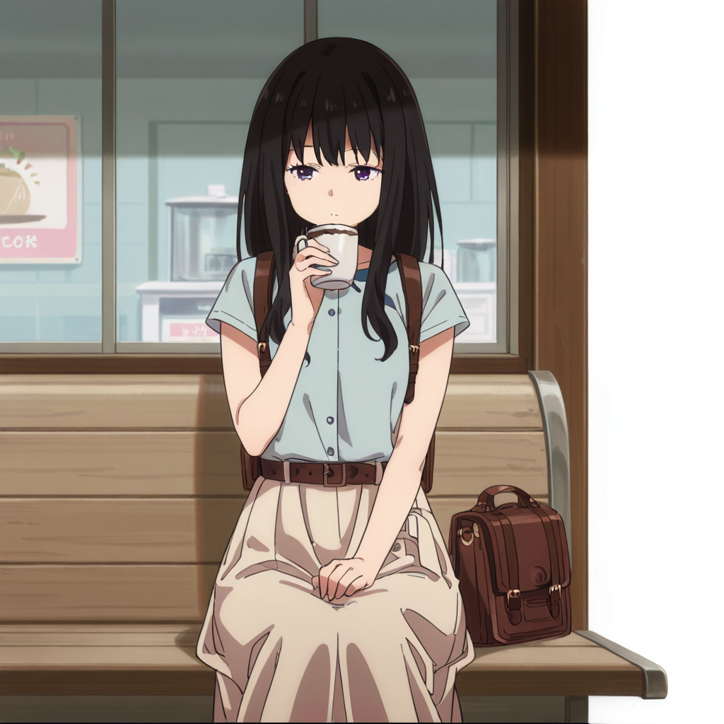 nsfw, masterpiece,best quality,amazing quality,1girl, solo, lycoris_recoil_takina_lnoue, sitting, take coffee, black hair, long hair, backpack, bag, skirt, shirt, belt, bangs, long skirt, purple eyes, brown bag, dress,  short sleeves, caffee shop, <lora:Takina_Inoue_-_Lycoris_Recoil:0.7>