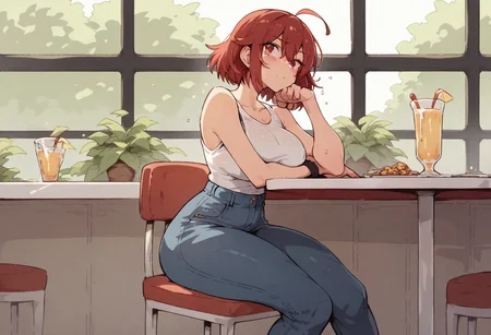 score_9, score_8_up, score_/_up, score_6_up, score_5_up, score_4_up, rating_explicit, cafe, female, sexy, perfect waist, slim, thick thighs, busty, long red hair, red bangs, hoddie, jeans pants, sneaker, looking to viewer, from front, crying, fully clothed, chair on the left, table in the middle, chair on the right, chair on the left is empty, female sitting on the right chair, 
<lora:tottotonero-Style-PonyXL-GLoRA-000049:1>