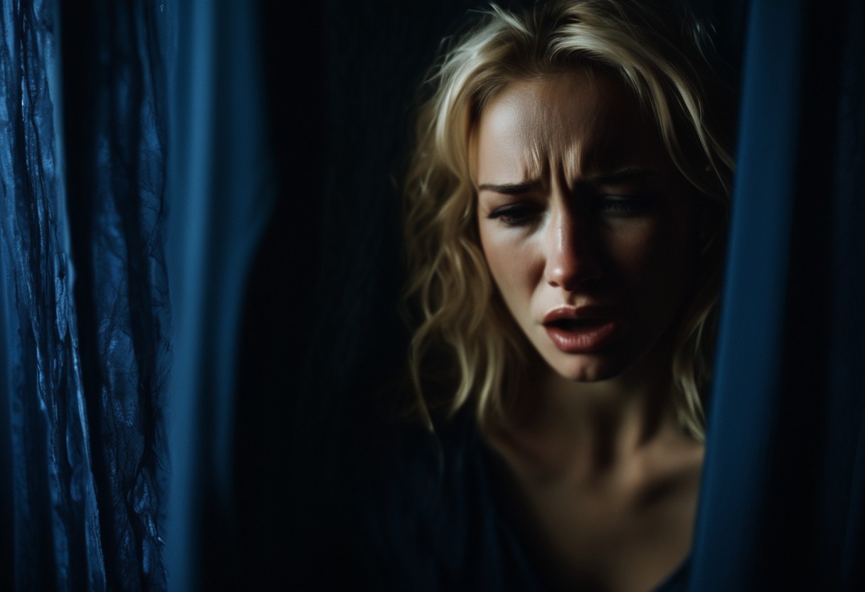 A beautiful blond woman wearing only a torn blue see-through body suit is on a bed. The bed has dark blue sheets. She is crying and has a desperate expression on her face. Her clothes are slightly torn. He her is messy. The roo is dark, the lighting is soft, trough a small hole in the curtains. There are shadows. A man in a suit is watching in the background.