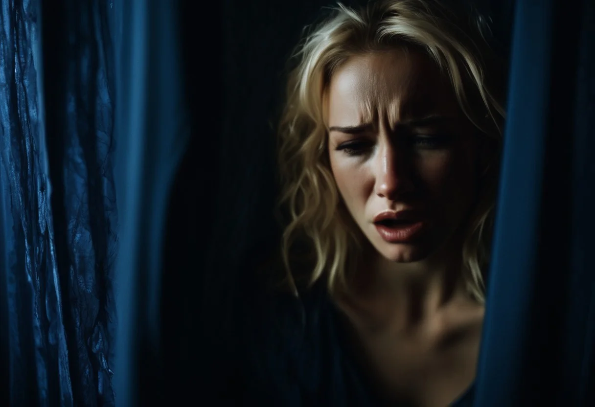 A beautiful blond woman wearing only a torn blue see-through body suit is on a bed. The bed has dark blue sheets. She is crying and has a desperate expression on her face. Her clothes are slightly torn. He her is messy. The roo is dark, the lighting is soft, trough a small hole in the curtains. There are shadows. A man in a suit is watching in the background.