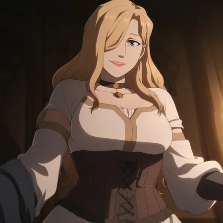 safe_pos, an anime style image, absurdres, best quality, hyper-detailed, dynamic, (E55IL1TTL3EY3) an adult female is dancing, Anime coloring, solo, 1girl, adult woman, blonde hair, wavy hair, long hair, hair over one eye, blue eye, collarbone, large breasts, pink lips, white dress, corset, choker, long sleeves, detached sleeves, white dress, corset, long sleeves, detached sleeves, smile, depth of field, motion blur, beautiful woman, detailed background, indoors, P0K3M1LF5TYL3,