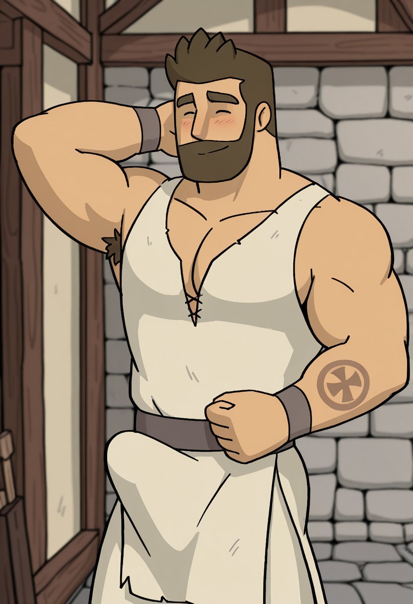 detailed background, detailed background, masterpiece, perfect quality, best quality, detailed, newest, very aesthetic, OrdericRMA, facial hair, short hair, bara, solo, beard, smile, brown hair, 1boy, male focus, village background, muscular, smile, stone wall, clothes, hand behind head, embarrassed, shy, eyes closed, blush, ^ ^, erection under clothes, white kilt