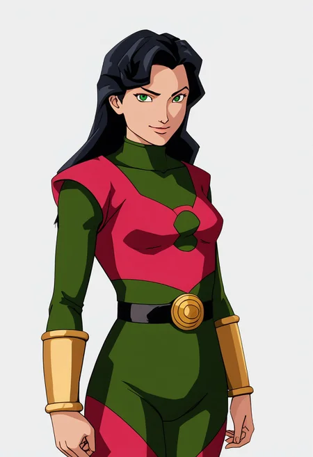 1girl, female focus, solo, Caitlin, black hair, long hair, green eyes, small breasts, turtleneck, Power Pack uniform, asymmetrical clothes, print bodysuit, green bodysuit, black bodysuit, bracers, metal bracers, belt, cowboy shot, looking at viewer, smile, v, rating_safe, simple background, white background