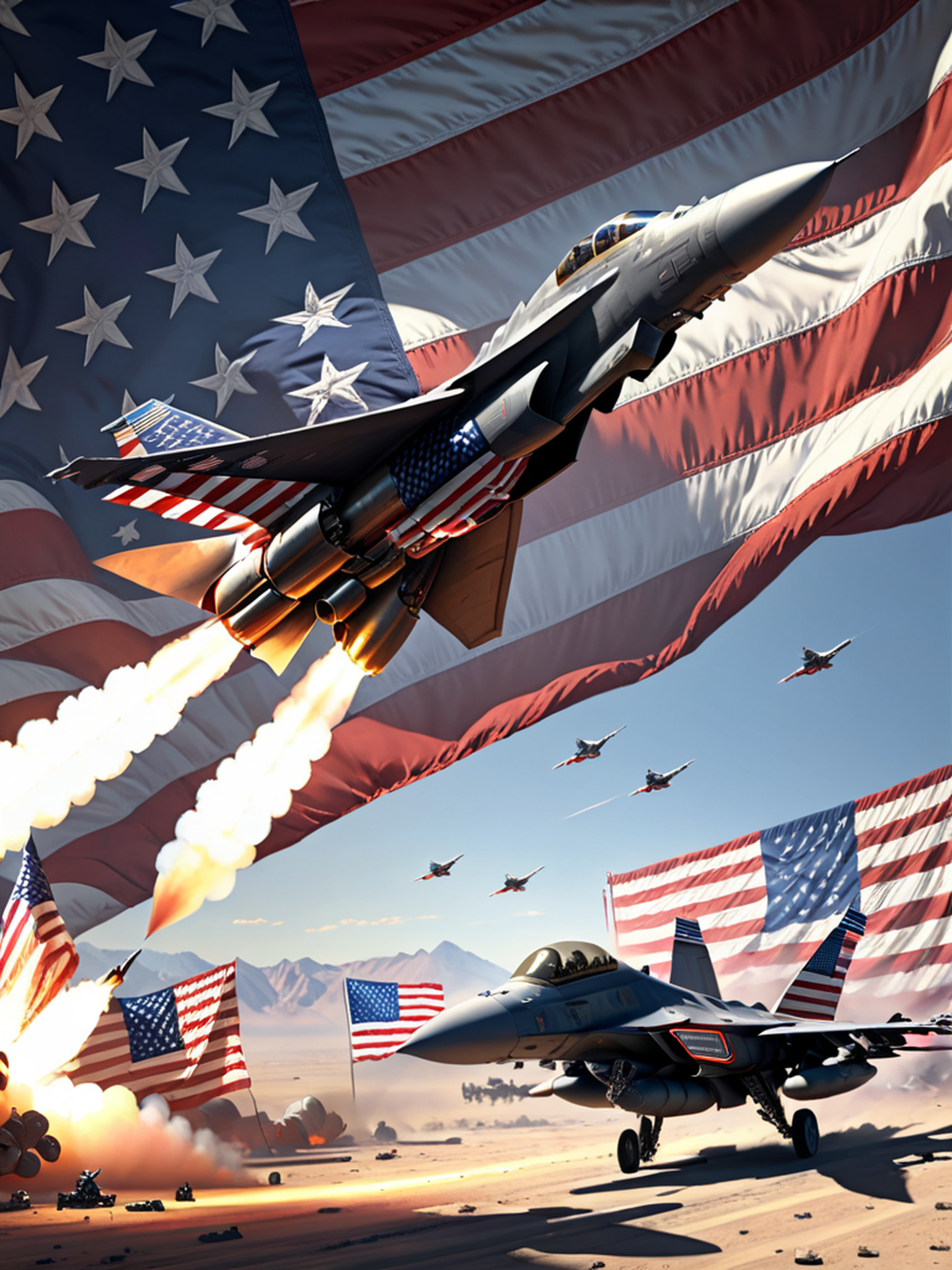 (AMERICA), (fighter jet), (militaristic USA flag combat fighting explosion bullet military), (4k, 8k, extreme detail, ultra quality, HD, high definition, HDR, high dynamic range, octane render)