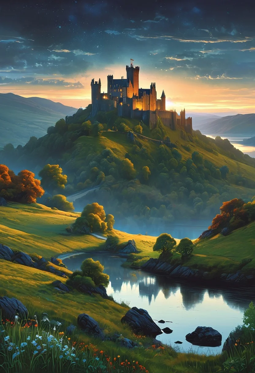 A captivating night scene illustration featuring a beautiful castle on a large hill overlooking a lake in Wales. The castle is ancient but well maintained and updated and comfortable to live in. This enchanting artwork captures a serene and peaceful early morning, where the sun is just starting to rise over the beautiful hills and castle which stands resolute amidst hills of Wales, creating a cinematic experience., illustration, cinematic
<lora:DonM3t3rn1tyXL-v1.1:0.7>, DonM3t3rn1tyXL,
OverallDetailXL <lora:MJ52:0.3> <lora:SDXLFaeTastic2400:0.4> <lora:EpicF4nta5yXL:0.7>
