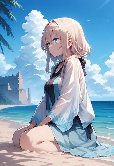 score_9, score_8_up, score_7_up, 1girl, solo, DeadflowP, (split eyes), scenery, (big breasts:0.8). (wide thighs:1.1), (wide hips:1.1), (mature woman:1.1), (high definition eyes:1.2), (best illumination, best shadow, masterpiece, high quality), colorful, lively, summer feel, many bright colors, beautiful woman with light summer clothes, loose hair, sitting on a beach with crystal clear water and white sand, bright blue sky, standing, side view,