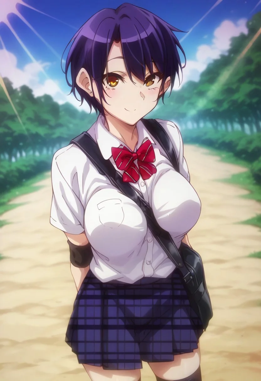 score_9,score_8_up,score_7_up,score_6_up,blurry, blurry background,1girl,solo,satsuki satonaka,short hair,purple hair,yellow eyes,breasts,school uniform,otonokizaka school uniform,bowtie,red bow,shirt,white shirt,bag,bag strap between breasts, strap between breasts,skirt,plaid skirt,plaid, pleated skirt, knee pads,kneehighs, socks,black socks,light rays,posing,friendly,outdoors,day,cloud,blue sky,cowboy shot,dutch angle
