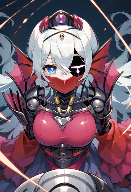 (score_9:0.9),score_8_up,score_7_up,rating_explicit,(zPDXL),(zPDXL3),
<lora:Tearlaments Kashtira PonyXL v1:0.73>,tearlaments kashtira, black tiara, red detached sleeves, red dress, 1girl, blue eyes, smile, solo, one eye covered, red mask, glasses, medium breasts, robot, looking at viewer, mechanical mermaid, science fiction, machinery, torn mask, no eyes
