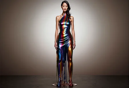bv-colpaidri. A full-body shot of a woman covered in metallic pigments, standing confidently in front of a gradient background, lit with backlight glow, <lora:bv-colorful-paint-dripping-v1.safetensors:1.0:1.0>
