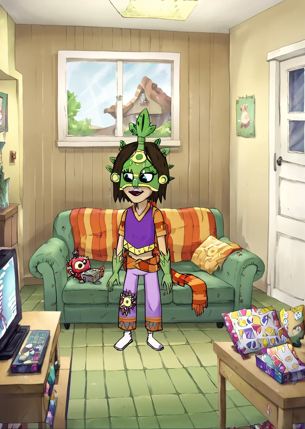 score_9, score_8_up, score_7_up, score_6_up, <lora:Regular_Show_Style:0.8>, regularshow, Detailed Background, BREAK
<lora:Leafos:0.8>, 1girl, leafos, mask, BREAK
Cartoon, Parody Style, smile, living room, indoors, window, couch, TV,