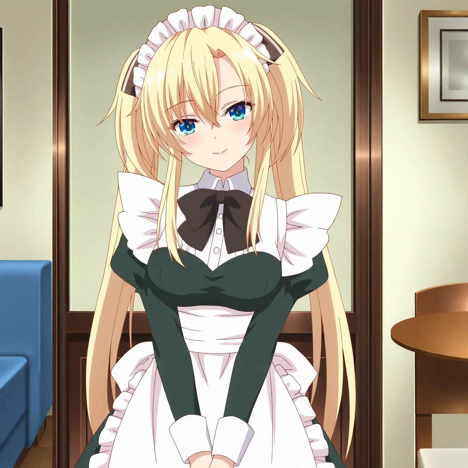 <lora:Regina2-000018:0.7>Regina,solo,looking at viewer,enmaided,maid headdress,seductive smile,v arms,head tilt,standing,living room,