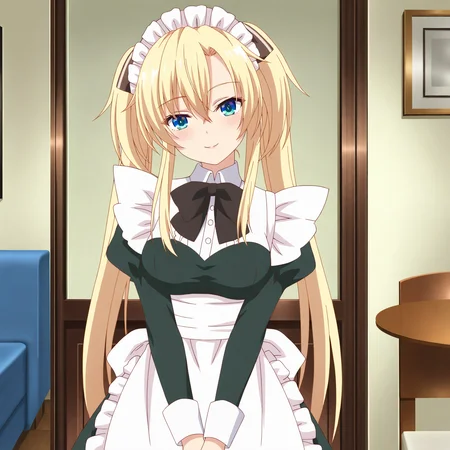 <lora:Regina2-000018:0.7>Regina,solo,looking at viewer,enmaided,maid headdress,seductive smile,v arms,head tilt,standing,living room,