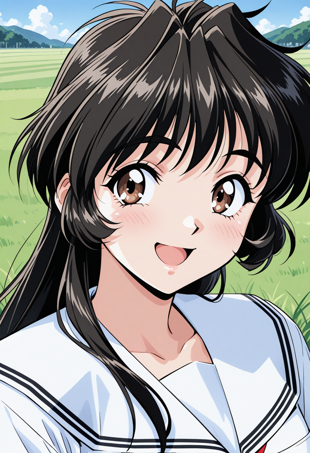 inuzuka_saori, brown eyes, black hair, long hair, school uniform, serafuku, white shirt, short sleeves, white sailor collar, <lora:Graduation_inuzuka_saori_illustrious_ver1:0.8> 
smile,, masterpiece, best quality, very aesthetic, absurdres, general,, 1girl, solo, blue sky, (grasslands:1.2), looking at viewer,, (upper body:1.2), (close-up:1.2), (facing viewer:1.2), (open eyes:1.4), (portrait:1.2)