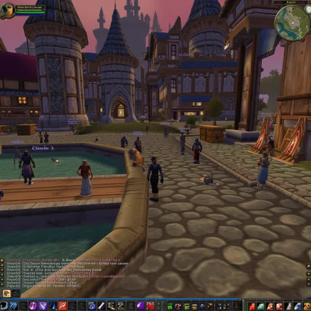 a world of warcraft fake screenshot, with user interface visible. Stormwind city castle and stone city grounds, on a spring day at noon. Lots of people walking around and merchants selling their wares. people fishing in the canals with bums drunk and telling stories while sitting on the pier. the walls of the city are stone and with wood doors. The city is alive with culture and festivities, with young and old people alike. The chat text box in the bottom center reads with text:"SERVER: Rebooting in 5 minutes...", the character name at the top left reads "Tigole", the right top of the image reads "Stormwind city". The minimap at the top right is a 2D overhead view of the area depicted in the 3d portion of the image.
