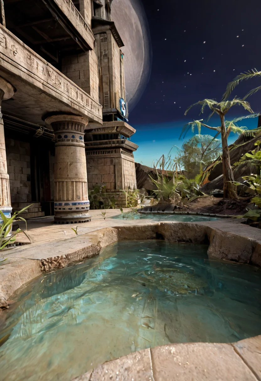 score_9, score_8_up, score_7_up, BREAK, RAW, photo, 8k, very sharp, very detailed, realistic, real, hyper realistic, Photorealistic, real photo, no people, no humans
distant structures, sky, stars, moon, tiles, tomb, sand, plants, pond, trees, stone wall, tiles, from below,
<lora:Unreal Tournament 2004 - Facing Worlds - Sun Blade_epoch_12:0.7> facing3worlds,