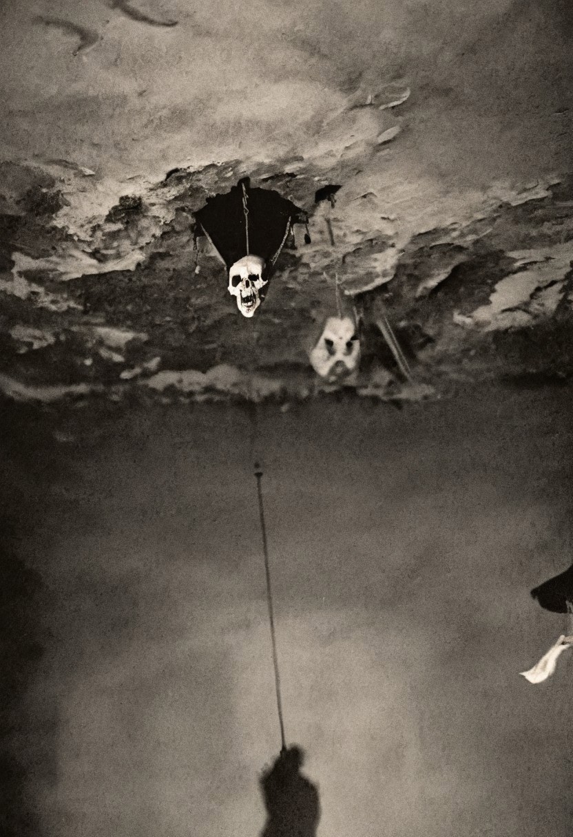 antique photo, eerie atmosphere, creepy, cave, descent into madness, lovecraft horror, walls made of skulls, one bat hanging from the ceiling, <lora:Antique_Photo:1>