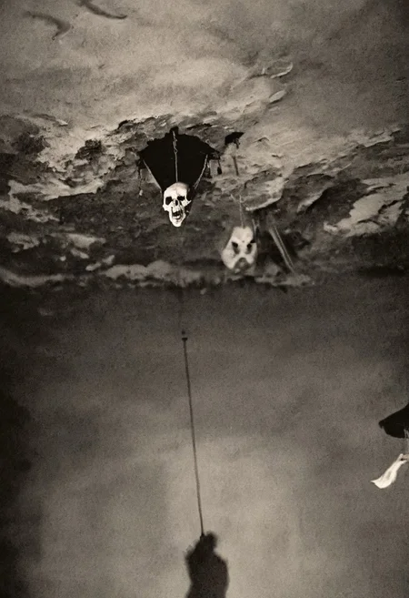 antique photo, eerie atmosphere, creepy, cave, descent into madness, lovecraft horror, walls made of skulls, one bat hanging from the ceiling, <lora:Antique_Photo:1>