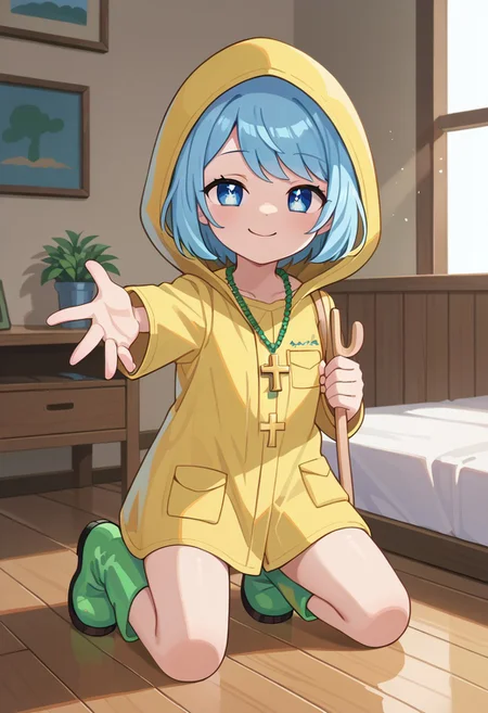 score_9, score_8_up, score_7_up, BREAK
highres, highly detailed, high resolution, high quality,
source_anime, anime screencap, saturation, vivid colors,
1girl, solo, luce, full body,
light blue hair, big dark blue eyes, short hair, cute,
(long yellow raincoat:1.1), green rubber boots,
cross necklace,
squinting eyes, half-closed eyes, smile, naughty face, closed mouth, looking at viewer,
a girl holding a cross in her one hand, on knees, kneeling, sitting, holding, holding cross, outstretched arm, offers cross,
pikaole, cute, bokeh,
room background, wooden chest,
(side view:0.5), (high angle:0.7),