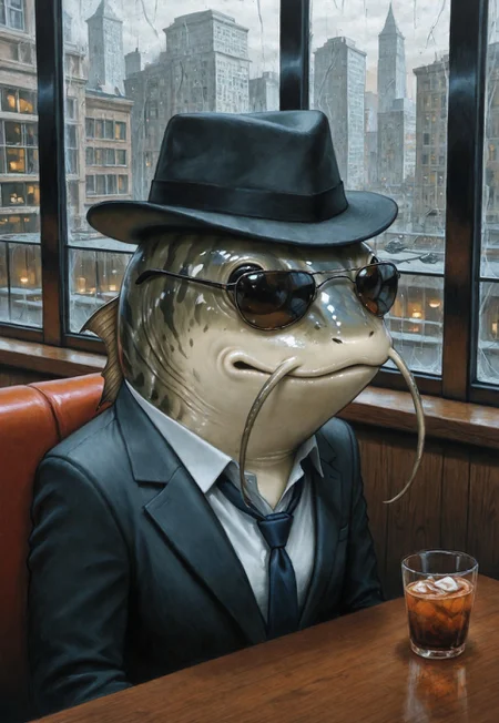solo, lukch, painting_\(medium\), portrait, no humans, catfish, sitting, cafe, seating, looking outside, glass wall, city,
disheveled, suit, loose necktie, sunglasses, fedora, shiny skin, false smile,
traditional media, best quality, absurdres, [dynamic pose]