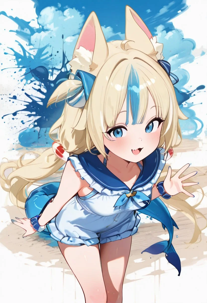 masterpiece, best quality, sameko saba, low twintails, animal ears, blue eyes, blonde hair, blue streaked hair, ribbon, blue hair bow, two-tone hair, lifebuoy hair ornament, fish tail, blue nails, neckerchief, blue frilled sailor collar, ribbon trim dress, white dress, long hair, ribbon, smile, single wrist scrunchie, blue sky, brooch, large breasts ,,
skin fang, looking at viewer,
paint splatter, blue paint, white wall, leaning forward, waving,