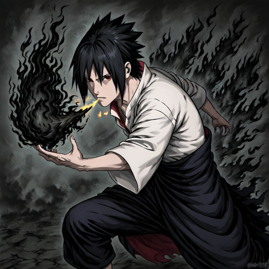 masterpiece, best quality, newest, absurdres, highres, A/BFV1.0, black fire, fire, flame, 1boy, 1boy, uchiha_sasuke, spiked hair, red eyes, black hair, japanese clothes, waist cape, white shirt, breathing fire, breath weapon