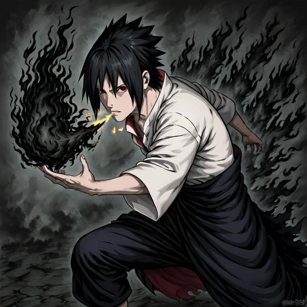 masterpiece, best quality, newest, absurdres, highres, A/BFV1.0, black fire, fire, flame, 1boy, 1boy, uchiha_sasuke, spiked hair, red eyes, black hair, japanese clothes, waist cape, white shirt, breathing fire, breath weapon