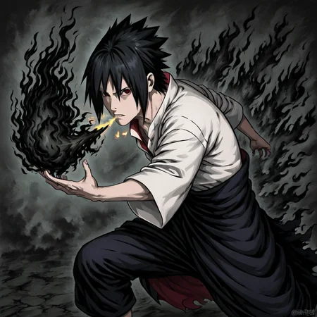 masterpiece, best quality, newest, absurdres, highres, A/BFV1.0, black fire, fire, flame, 1boy, 1boy, uchiha_sasuke, spiked hair, red eyes, black hair, japanese clothes, waist cape, white shirt, breathing fire, breath weapon