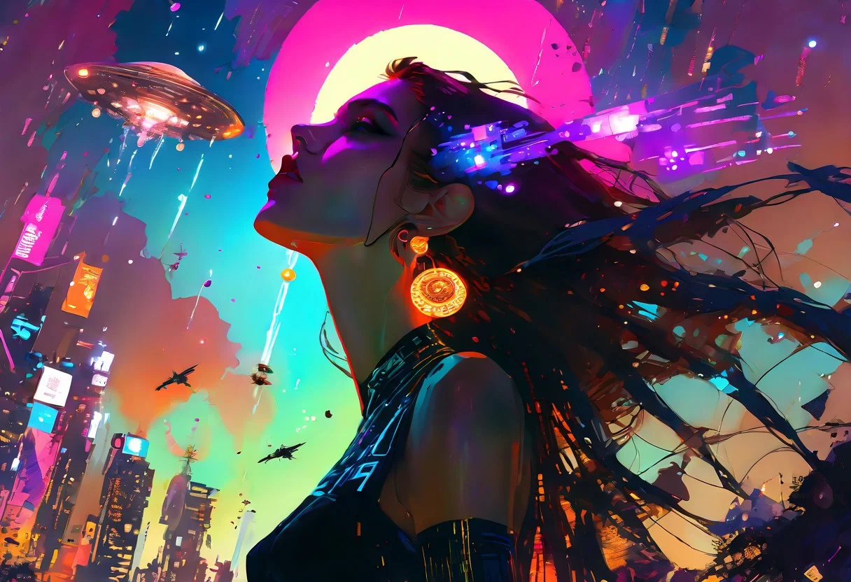 score_9, score_8_up, score_8_up, ((Cinematic composition)),((masterpiece)), (resplendent highlighting), 8k.
A beautiful girl stands looking up at a night sky full of invading alien spaceships, the city is ablaze, citizens can be seen fleeing.
break
The background is a moonlit night sky, with a large, full moon casting an eerie glow over the scene. the city is burning. Alien Spacecraft are attacking and landing in the background.
Ink, Charcoal and watercolours. impressionistic. (Klimt :1.2) dadaistic collage (by Bill Sienkiewicz:1.5), strikingly alluring face. brilliant spotlight effect. Vibrant thick dripping paint. Intense detail, realistic, dynamic shadows and contrasts. Matte and faded background colours.surreal, intense colors, liquid, unreal parts, alluring, fluid, perfection, gothic. (Luminous skin dynamically highlighted), Illustration, (klimt:0.8) (Bill Sienkiewicz:1.5). maximum detail, Chinese watercolor and ink technique. Gold leaf highlights.
<lora:xl_more_art-full_v1:0.4> <lora:epi_noiseoffset2:1>3