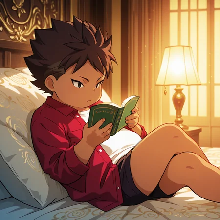 radiant reflections, rich color tones, deep contrast, intricate textures, luminous lighting, cinematic ambiance, shimmering gradients, ethereal glow, best quality, colorful, masterpiece, detailed_background, <lora:kozomaru-v2-09:1> fkozomaru, 1boy, young, chubby, red shirt, white t-shirt, crossed legs, holding book, lying, reading, hands up, bedroom,