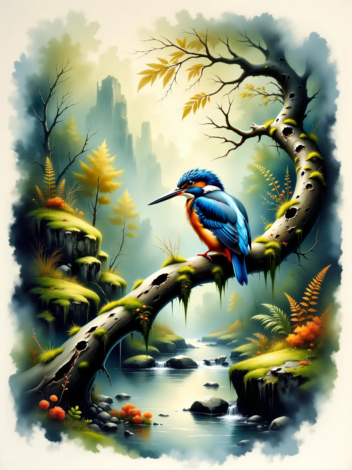 nature illustration, hyperrealistic watercolor painting, vibrant colors, the image shows a colorful kingfisher perched on a twisted, gnarled branch covered in lush moss, the branch hangs over a narrow brook, the water reflects the surrounding greenery and soft sunlight, creating a peaceful, picturesque scene, in the background, gentle rolling hills and a dense woodland canopy frame the brook, bathed in the soft glow of morning light, in the foreground, the gnarled branch extends diagonally across the frame, its surface rugged and twisted, covered in thick, green moss and dew drops glistening in the light, the kingfisher sits poised, its bright blue and orange plumage a striking contrast against the natural tones of the branch, beneath the branch, the brook flows gently, clear water rippling over smooth stones, reflecting the greenery and soft light from above, in the background, dense foliage and ferns frame the scene, adding depth and tranquility, the kingfisher is the main focus, its bright feathers and poised stance catching the viewerâs attention, it sits calmly, scanning the brook below for fish, its beak slightly open, as if ready to dive at any moment, the surrounding landscape creates an idyllic, peaceful moment in nature, the kingfisherâs plumage is painted with vivid blues, oranges, and subtle whites, its feathers glisten with moisture from the morning air, its sharp, pointed beak is slightly open, eyes alert and focused, its feet grip the gnarled branch, a vertical close-up shot from a slightly low angle, focusing on the kingfisher perched on the mossy branch, the vertical composition emphasizes the height of the scene and the serenity of the flowing water below, the lighting is soft and natural, with early morning sunlight filtering through the trees, casting dappled light across the scene, the soft glow highlights the vibrant colors of the kingfisher and the fresh green moss on the branch, reflections on the water create gentle ripples of light, giving the scene a magical, peaceful atmosphere, watercolor on rough-textured paper, capturing the delicate translucency of light on the birdâs feathers and the fluid movement of the brook below, soft brushstrokes give the scene a natural flow, with fine detailing on the feathers, moss, and rippling water, the colors are vibrant yet harmonious, with a focus on blues, greens, and soft golden highlights from the morning sun, the vertical format emphasizes the sceneâs peaceful, natural beauty, 3th33r34l, <lora:style-ethereal_grace-flux-by_andreac75:0.7> <lora:image_enhancer-flux-by_dever:0.6>