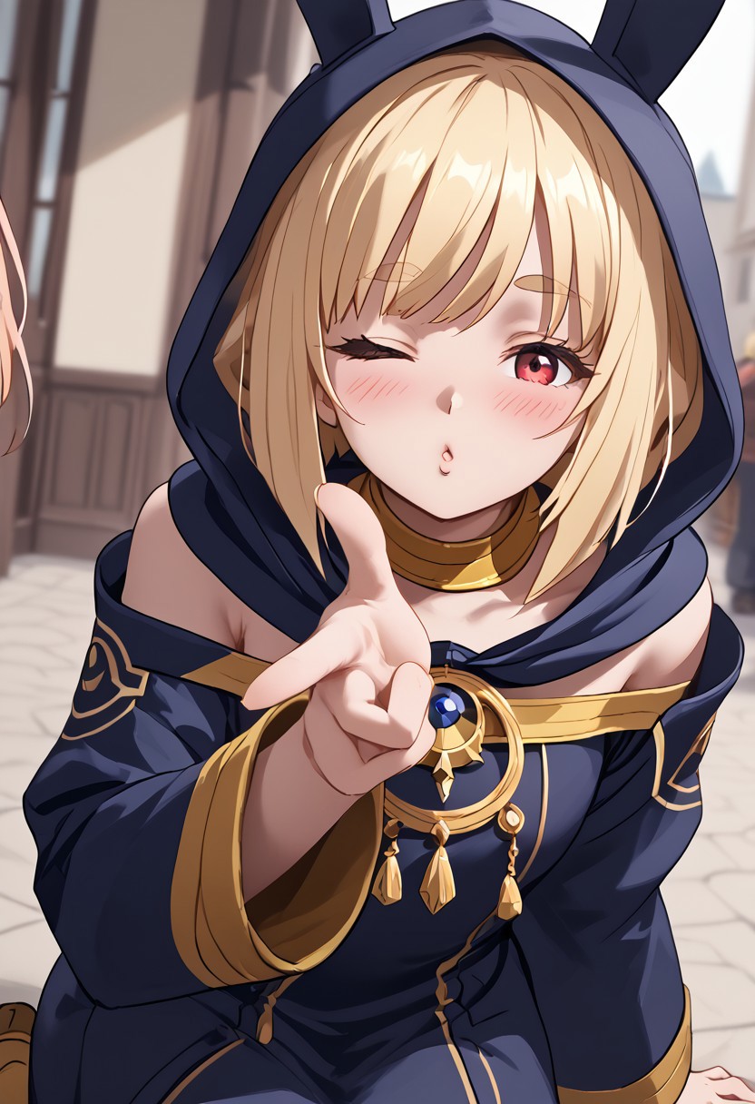 score_4,score_5,score_6,score_7_up,score_8_up,score_9 ((masterpiece,best quality,ultra detailed,highres,HD,4k:1.2)), 
1girl, solo,solo focus,girl focus,face focus,
Layla,blonde hair,bangs,short hair,bob cut,sidelocks,thick eyebrows,red eyes,petite,
long sleeves,bare shoulders,hood up,rabbit hood,animal hood,sleeves past wrists,sleeves past fingers,dress,barefoot,boots,yellow footwear,
<lora:blowing-kiss-ponyxl-lora-nochekaiser:1>, blowing kiss, pucked lips, heart, one eye closed, o3o, looking at viewer, hand up,Pouting lips,pointing fingertips towards viewer, 
blush,No expression, Half-closed eyes, squinting, staring,jitome,