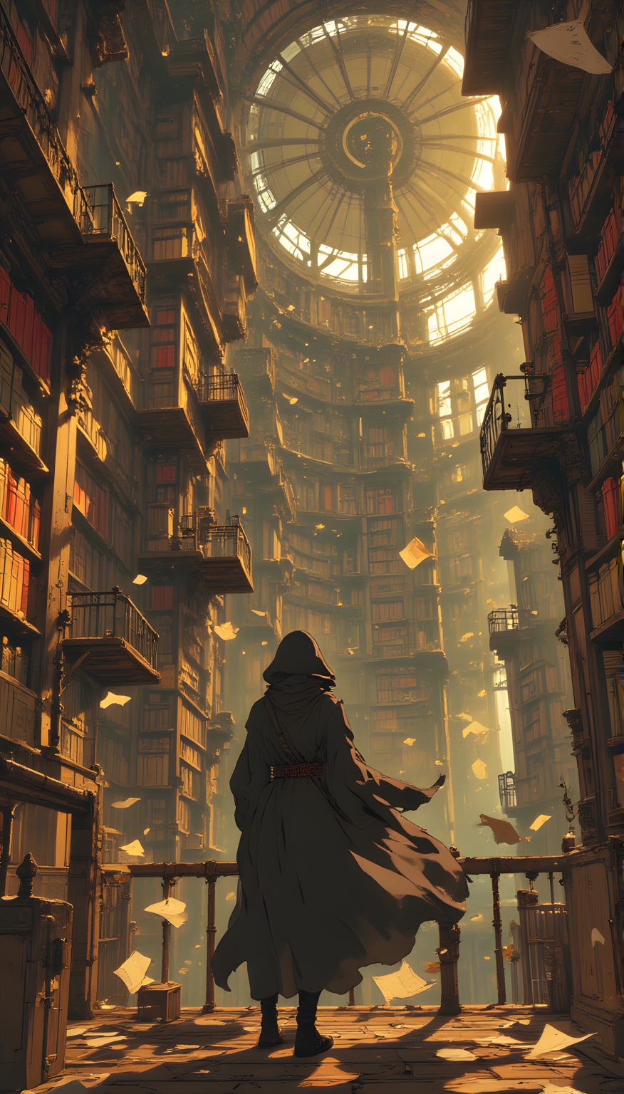 A breathtaking vision of an otherworldly library, its grandeur both awe-inspiring and slightly unsettling. The perspective is from behind a solitary figure, cloaked in a dark, flowing garment that billows around them as if caught in the currents of an unseen wind. This person stands on a wooden platform, their back turned to the viewer, gazing into the depths of this towering labyrinth of knowledge.
The library itself is a marvel of architectural wonder, stretching upward into the light like a cathedral of books. Rows upon rows of bookshelves rise endlessly, their spines painted in hues of red, gold, and brown, creating a warm, inviting glow that contrasts sharply with the cool, diffused light filtering through the upper reaches of the structure. The shelves are not arranged in any conventional order; instead, they seem to defy gravity, twisting and turning in impossible angles as though sculpted by some invisible force. Some sections appear to float mid-air, supported only by the intricate network of beams and supports that crisscross the space like veins in a living organism.
Pages of books flutter through the air, torn loose from their bindings, adding a sense of movement and chaos to the otherwise serene environment. These fragments of paper drift lazily, catching the light as they fall, creating a mesmerizing dance of shadows and reflections. The air is thick with a hazy golden dust, giving the impression that time itself has slowed within these walls, allowing every detail to be savored.
At the center of the scene, a massive, transparent dome-like structure dominates the view. It appears to be a focal point of the library, perhaps a repository of rare or sacred texts, its surface etched with faint patterns that shimmer subtly in the light. Within this dome, a single figure can be seen, small and distant, almost ethereal, as though observing the vast expanse of knowledge from a place of quiet contemplation.
The floor beneath the observer is worn and uneven, composed of aged planks that creak underfoot, hinting at the weight of history carried by this place. Railing systems made of metal bars guide the way through the labyrinthine levels, their design both functional and ornate, suggesting a blend of practicality and artistic craftsmanship.
Above, the ceiling recedes into a bright, radiant light source that seems to emanate from beyond the confines of the library. This light bathes the entire space in a soft, golden hue, casting long shadows that stretch across the shelves and platforms. The contrast between the illuminated areas and the darker recesses creates a dramatic interplay of light and shadow, enhancing the sense of depth and mystery.
The overall atmosphere is one of reverence and wonder, yet there is also a palpable tensionâa feeling that this library is alive, breathing, and ever-changing. The scattered pages, the floating shelves, and the sheer scale of the structure all contribute to a sense of magic and enchantment, as though each book holds secrets waiting to be uncovered. The lone figure standing before this spectacle appears dwarfed by the magnitude of the world around them, yet their presence imbues the scene with a sense of purpose, as if they are on a quest to unravel the mysteries contained within these endless shelves.
This is not just a library; it is a sanctuary of ideas, a temple of learning, and a testament to the boundless potential of human curiosity. It is a place where the past, present, and future converge, where stories are born, and truths are discovered.
j_art, anime, anime art, <lora:FLUX\jul\J_Anime:0.7>, <lora:FLUX\RealAnime:0.7>