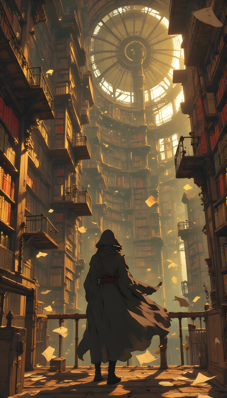 A breathtaking vision of an otherworldly library, its grandeur both awe-inspiring and slightly unsettling. The perspective is from behind a solitary figure, cloaked in a dark, flowing garment that billows around them as if caught in the currents of an unseen wind. This person stands on a wooden platform, their back turned to the viewer, gazing into the depths of this towering labyrinth of knowledge.
The library itself is a marvel of architectural wonder, stretching upward into the light like a cathedral of books. Rows upon rows of bookshelves rise endlessly, their spines painted in hues of red, gold, and brown, creating a warm, inviting glow that contrasts sharply with the cool, diffused light filtering through the upper reaches of the structure. The shelves are not arranged in any conventional order; instead, they seem to defy gravity, twisting and turning in impossible angles as though sculpted by some invisible force. Some sections appear to float mid-air, supported only by the intricate network of beams and supports that crisscross the space like veins in a living organism.
Pages of books flutter through the air, torn loose from their bindings, adding a sense of movement and chaos to the otherwise serene environment. These fragments of paper drift lazily, catching the light as they fall, creating a mesmerizing dance of shadows and reflections. The air is thick with a hazy golden dust, giving the impression that time itself has slowed within these walls, allowing every detail to be savored.
At the center of the scene, a massive, transparent dome-like structure dominates the view. It appears to be a focal point of the library, perhaps a repository of rare or sacred texts, its surface etched with faint patterns that shimmer subtly in the light. Within this dome, a single figure can be seen, small and distant, almost ethereal, as though observing the vast expanse of knowledge from a place of quiet contemplation.
The floor beneath the observer is worn and uneven, composed of aged planks that creak underfoot, hinting at the weight of history carried by this place. Railing systems made of metal bars guide the way through the labyrinthine levels, their design both functional and ornate, suggesting a blend of practicality and artistic craftsmanship.
Above, the ceiling recedes into a bright, radiant light source that seems to emanate from beyond the confines of the library. This light bathes the entire space in a soft, golden hue, casting long shadows that stretch across the shelves and platforms. The contrast between the illuminated areas and the darker recesses creates a dramatic interplay of light and shadow, enhancing the sense of depth and mystery.
The overall atmosphere is one of reverence and wonder, yet there is also a palpable tensionâa feeling that this library is alive, breathing, and ever-changing. The scattered pages, the floating shelves, and the sheer scale of the structure all contribute to a sense of magic and enchantment, as though each book holds secrets waiting to be uncovered. The lone figure standing before this spectacle appears dwarfed by the magnitude of the world around them, yet their presence imbues the scene with a sense of purpose, as if they are on a quest to unravel the mysteries contained within these endless shelves.
This is not just a library; it is a sanctuary of ideas, a temple of learning, and a testament to the boundless potential of human curiosity. It is a place where the past, present, and future converge, where stories are born, and truths are discovered.
j_art, anime, anime art, <lora:FLUX\jul\J_Anime:0.7>, <lora:FLUX\RealAnime:0.7>