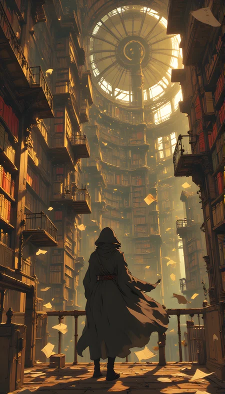 A breathtaking vision of an otherworldly library, its grandeur both awe-inspiring and slightly unsettling. The perspective is from behind a solitary figure, cloaked in a dark, flowing garment that billows around them as if caught in the currents of an unseen wind. This person stands on a wooden platform, their back turned to the viewer, gazing into the depths of this towering labyrinth of knowledge.
The library itself is a marvel of architectural wonder, stretching upward into the light like a cathedral of books. Rows upon rows of bookshelves rise endlessly, their spines painted in hues of red, gold, and brown, creating a warm, inviting glow that contrasts sharply with the cool, diffused light filtering through the upper reaches of the structure. The shelves are not arranged in any conventional order; instead, they seem to defy gravity, twisting and turning in impossible angles as though sculpted by some invisible force. Some sections appear to float mid-air, supported only by the intricate network of beams and supports that crisscross the space like veins in a living organism.
Pages of books flutter through the air, torn loose from their bindings, adding a sense of movement and chaos to the otherwise serene environment. These fragments of paper drift lazily, catching the light as they fall, creating a mesmerizing dance of shadows and reflections. The air is thick with a hazy golden dust, giving the impression that time itself has slowed within these walls, allowing every detail to be savored.
At the center of the scene, a massive, transparent dome-like structure dominates the view. It appears to be a focal point of the library, perhaps a repository of rare or sacred texts, its surface etched with faint patterns that shimmer subtly in the light. Within this dome, a single figure can be seen, small and distant, almost ethereal, as though observing the vast expanse of knowledge from a place of quiet contemplation.
The floor beneath the observer is worn and uneven, composed of aged planks that creak underfoot, hinting at the weight of history carried by this place. Railing systems made of metal bars guide the way through the labyrinthine levels, their design both functional and ornate, suggesting a blend of practicality and artistic craftsmanship.
Above, the ceiling recedes into a bright, radiant light source that seems to emanate from beyond the confines of the library. This light bathes the entire space in a soft, golden hue, casting long shadows that stretch across the shelves and platforms. The contrast between the illuminated areas and the darker recesses creates a dramatic interplay of light and shadow, enhancing the sense of depth and mystery.
The overall atmosphere is one of reverence and wonder, yet there is also a palpable tensionâa feeling that this library is alive, breathing, and ever-changing. The scattered pages, the floating shelves, and the sheer scale of the structure all contribute to a sense of magic and enchantment, as though each book holds secrets waiting to be uncovered. The lone figure standing before this spectacle appears dwarfed by the magnitude of the world around them, yet their presence imbues the scene with a sense of purpose, as if they are on a quest to unravel the mysteries contained within these endless shelves.
This is not just a library; it is a sanctuary of ideas, a temple of learning, and a testament to the boundless potential of human curiosity. It is a place where the past, present, and future converge, where stories are born, and truths are discovered.
j_art, anime, anime art, <lora:FLUX\jul\J_Anime:0.7>, <lora:FLUX\RealAnime:0.7>